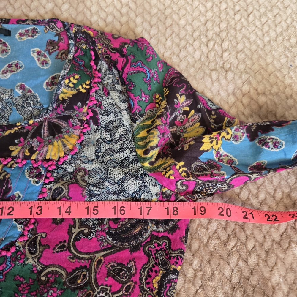 Lucky Brand XS Boho Paisley Floral Cotton Peasant Top Pink Blue - Picture 8 of 13
